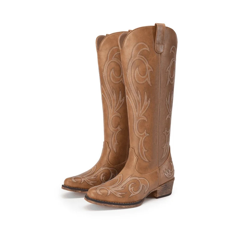 DREAM PAIRS Women's Embroidered Western Cowboy Boots, Knee High Cowgirl Style with Chunky Heel & ... | Walmart (US)