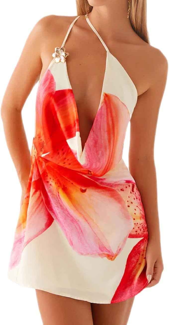 Women Y2K Halter Neck Mini Dress V Neck Floral Going Out Dress Sexy Open Back Satin Bodycon Party... | Amazon (US)