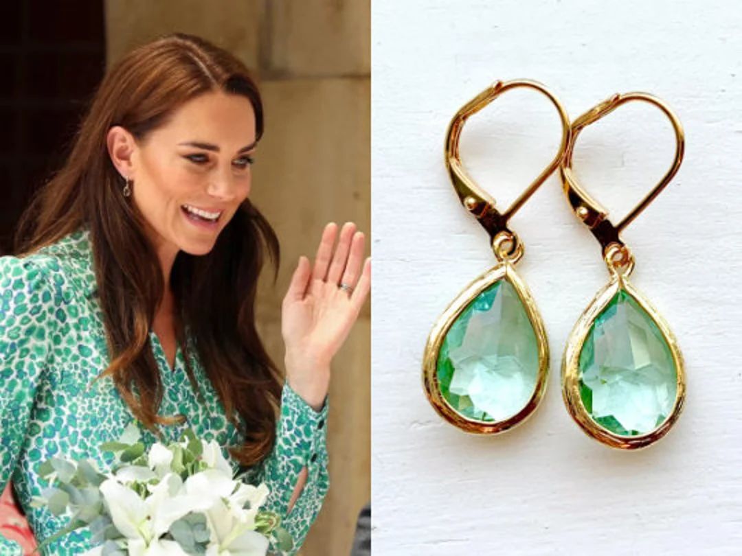 Kate Middleton Light Green Prasiolite Color Faceted Crystal Gemstone Gold Plated Teardrop Earring... | Etsy (US)