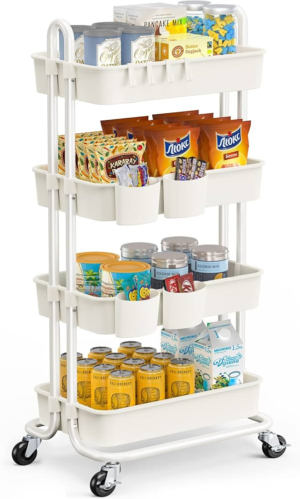 Pipishell 4-Tier Rolling Cart, Utility Cart with Lockable Casters, PP Plastic Storage Baskets, Ha... | Amazon (US)