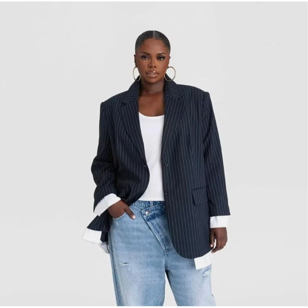 KBB by Kahlana The Shirt Blazer Navy Blue & White Striped 2 Button - 2X (20~22) | Poshmark