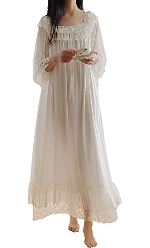 Airvid Women's Lace Vintage Victorian Nightgown Long Sleeve Sleepwear Nightdress (M, White#3) | Amazon (US)