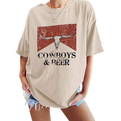 Cowboy Beer Shirts for Women Oversized Western Rodeo Shirt Cowgirl Vintage Cow Skull Graphic Tees... | Amazon (US)
