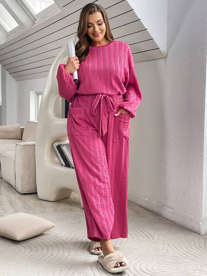 SHEIN Essnce Women's Plus Size Solid Color Jumpsuit With Lantern Sleeves And Waist Belt | SHEIN