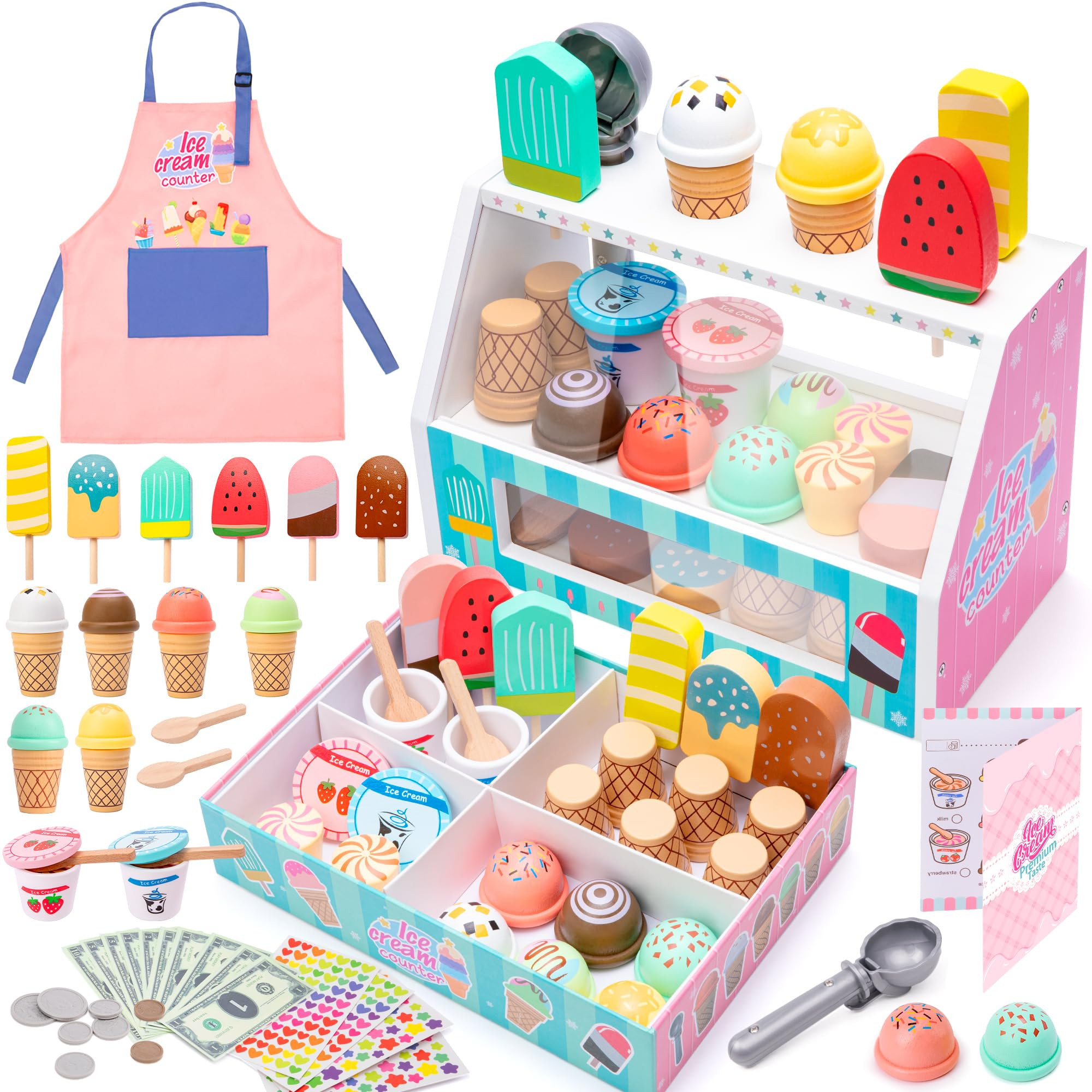 Meland Ice Cream Toy - Wooden Ice Cream Play Set with Aprons, Pretend Play Toys with Play Food, W... | Amazon (US)