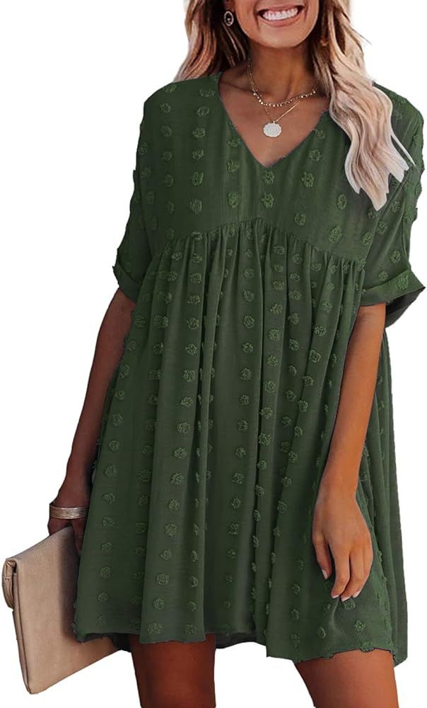 KIRUNDO 2021 Summer Women’s Mini Dress Short Sleeves Sexy V Neck Flowy Dress Swiss Dot Faux Sho... | Amazon (US)