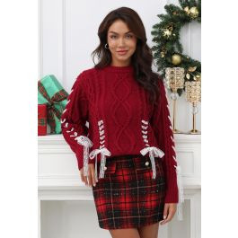 Lace Ribbon Lace-Up Cable Knit Sweater | Chicwish