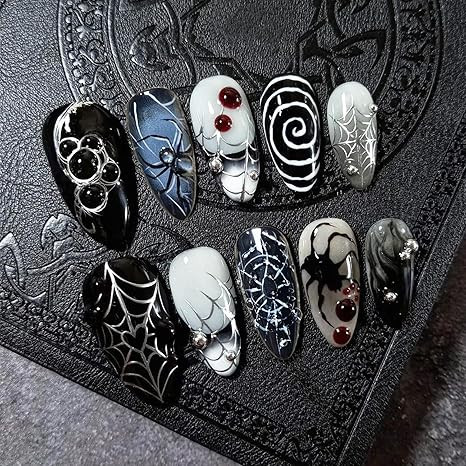 24pcs Halloween Press on Nails Medium Almond Fake Nails with 3D Spider Designs Spider Web False N... | Amazon (US)