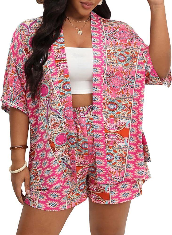 MakeMeChic Women's Plus Size Summer 2 Piece Outfits Boho Floral Short Sleeve Kimono Cardigan Shir... | Amazon (US)