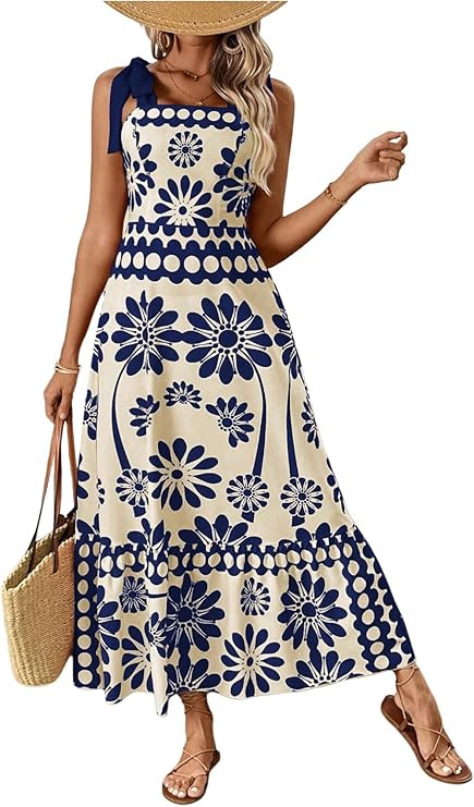 Floerns Women's Vintage Sleeveless Tie Shoulder Sundress Floral Print Cami Maxi Dress | Amazon (US)