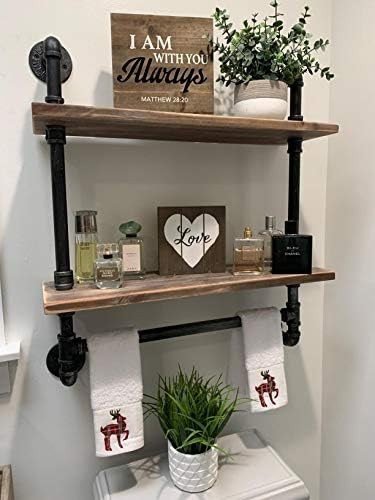 Industrial Pipe Shelf Bathroom Shelves Wall Mounted,19.6in Rustic Wood Shelf with Towel Bar,2 Tier F | Amazon (US)