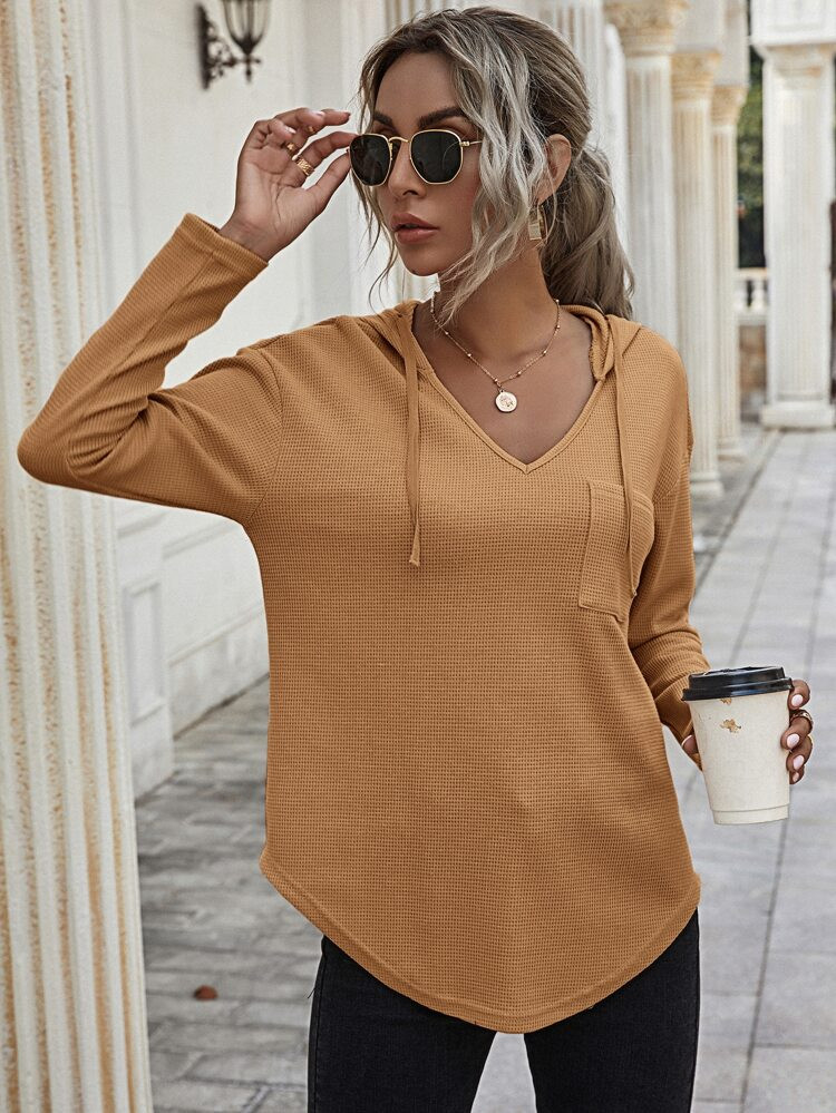 Drop Shoulder Curved Hem Drawstring Hoodie | SHEIN