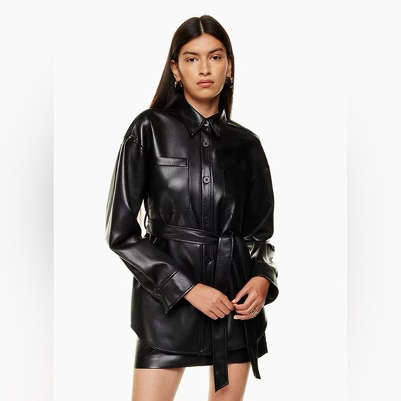 Aritzia Babaton Ava Button Down Belted Tie Faux Leather Jacket Size Medium | Poshmark