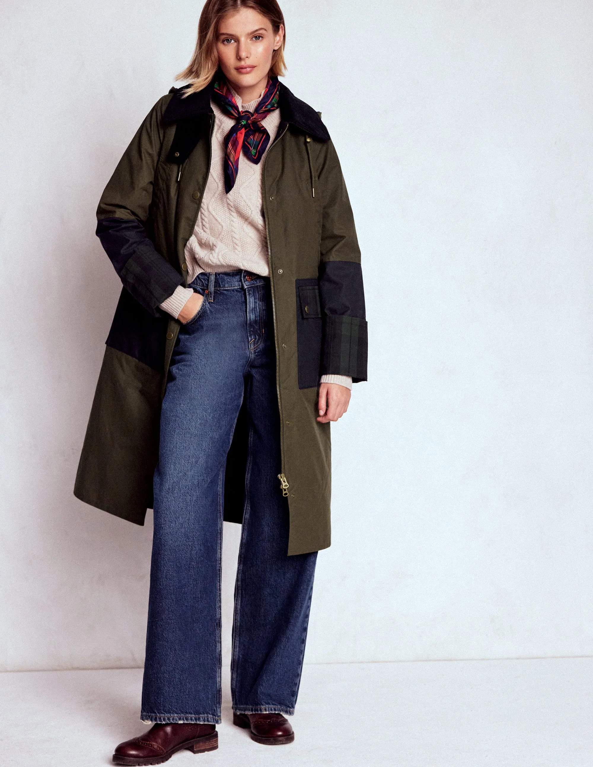 Longline Wax Coat-Navy Khaki Colourblock | Boden (US)