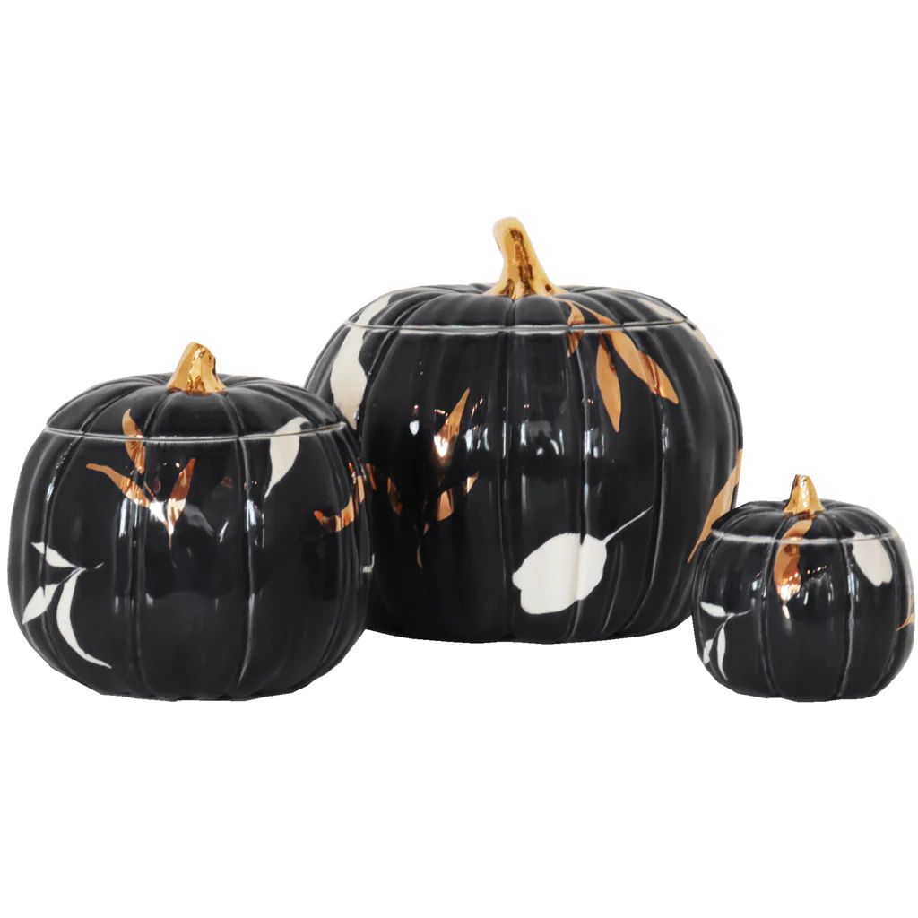 Layered Leaves Pumpkin Jars with 22K Gold Accents in Black | Lo Home by Lauren Haskell Designs