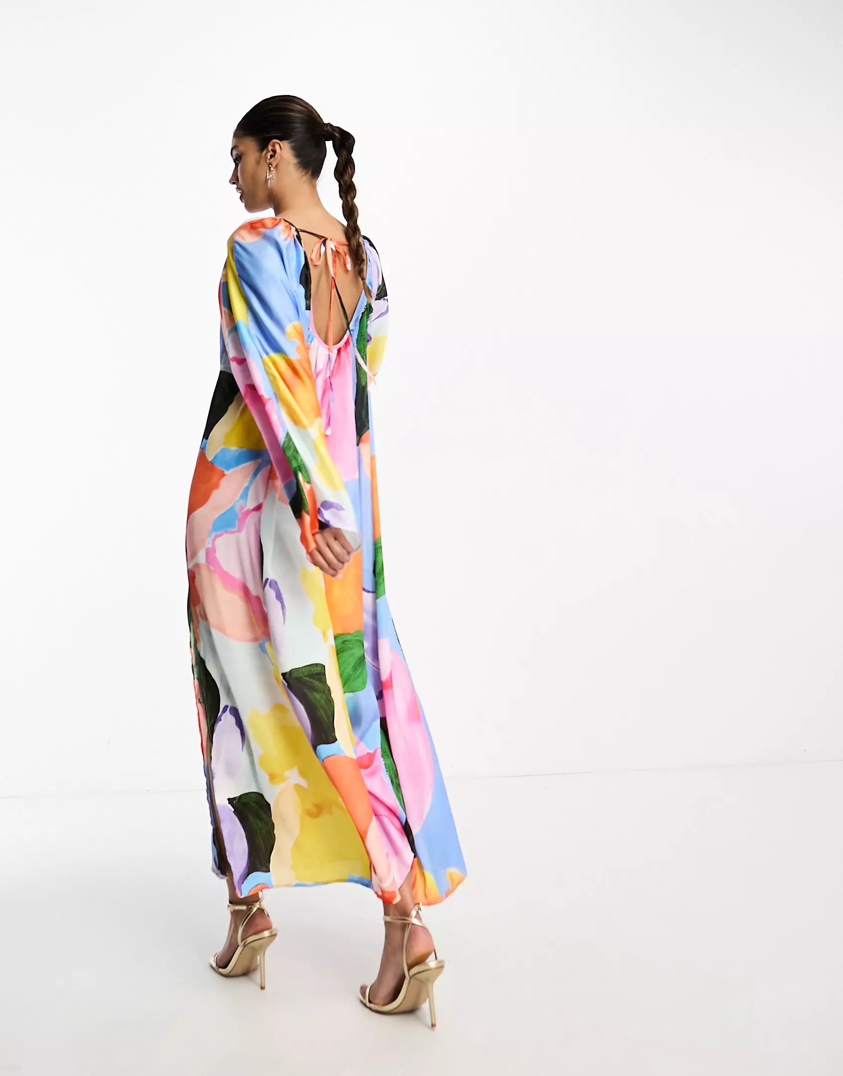 ASOS DESIGN washed satin volume sleeve midaxi dress in abstract print | ASOS (Global)