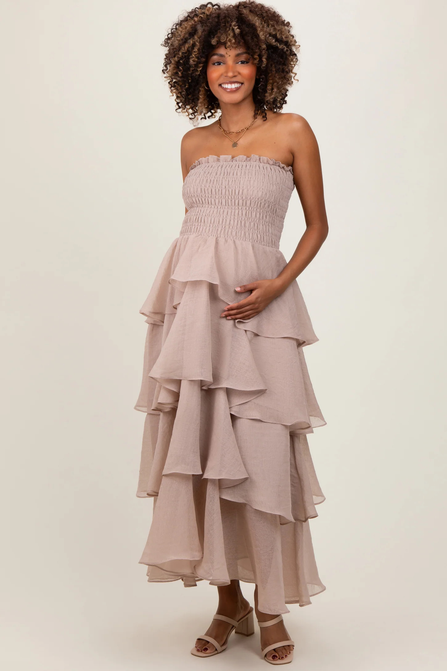 Beige Layered Maternity Maxi Dress | PinkBlush Maternity