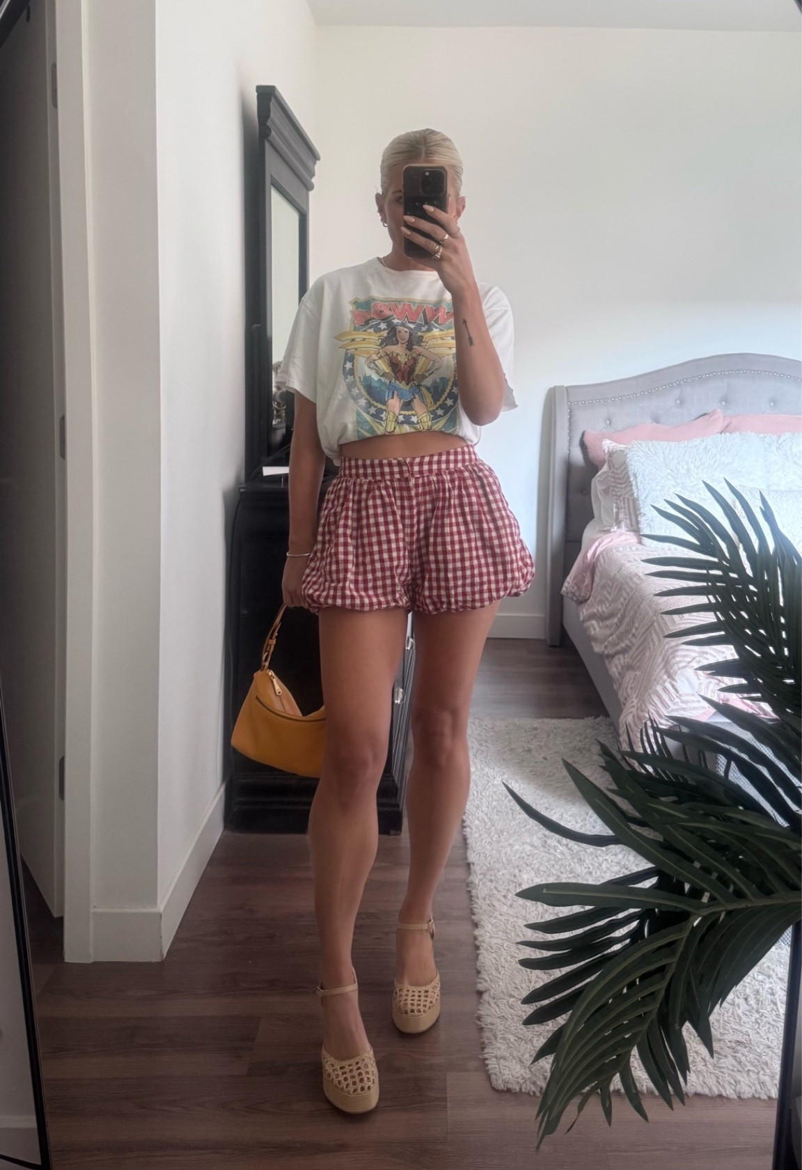 Happy hour. Platform heels, bubble gingham shorts and a Wonder Woman thrifted tee