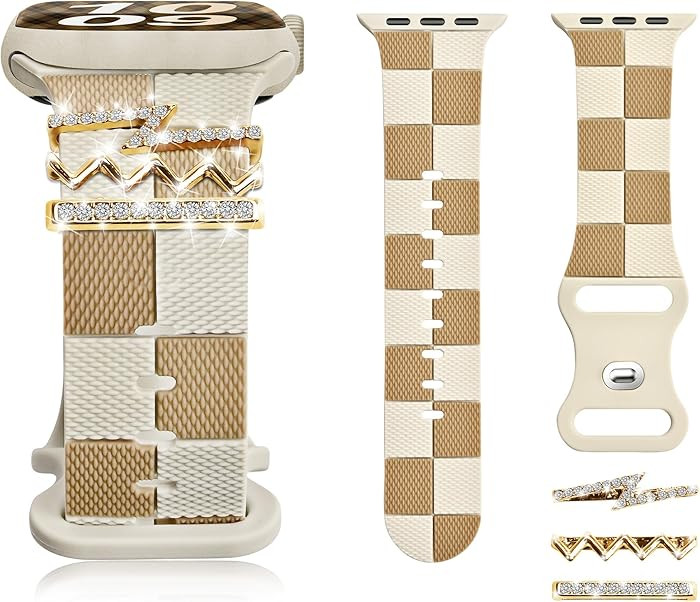 Silicone Strap for Apple Watch Band 38mm 40mm 41mm, Stylish Checkered Bracelet with Gold Bling Z ... | Amazon (US)