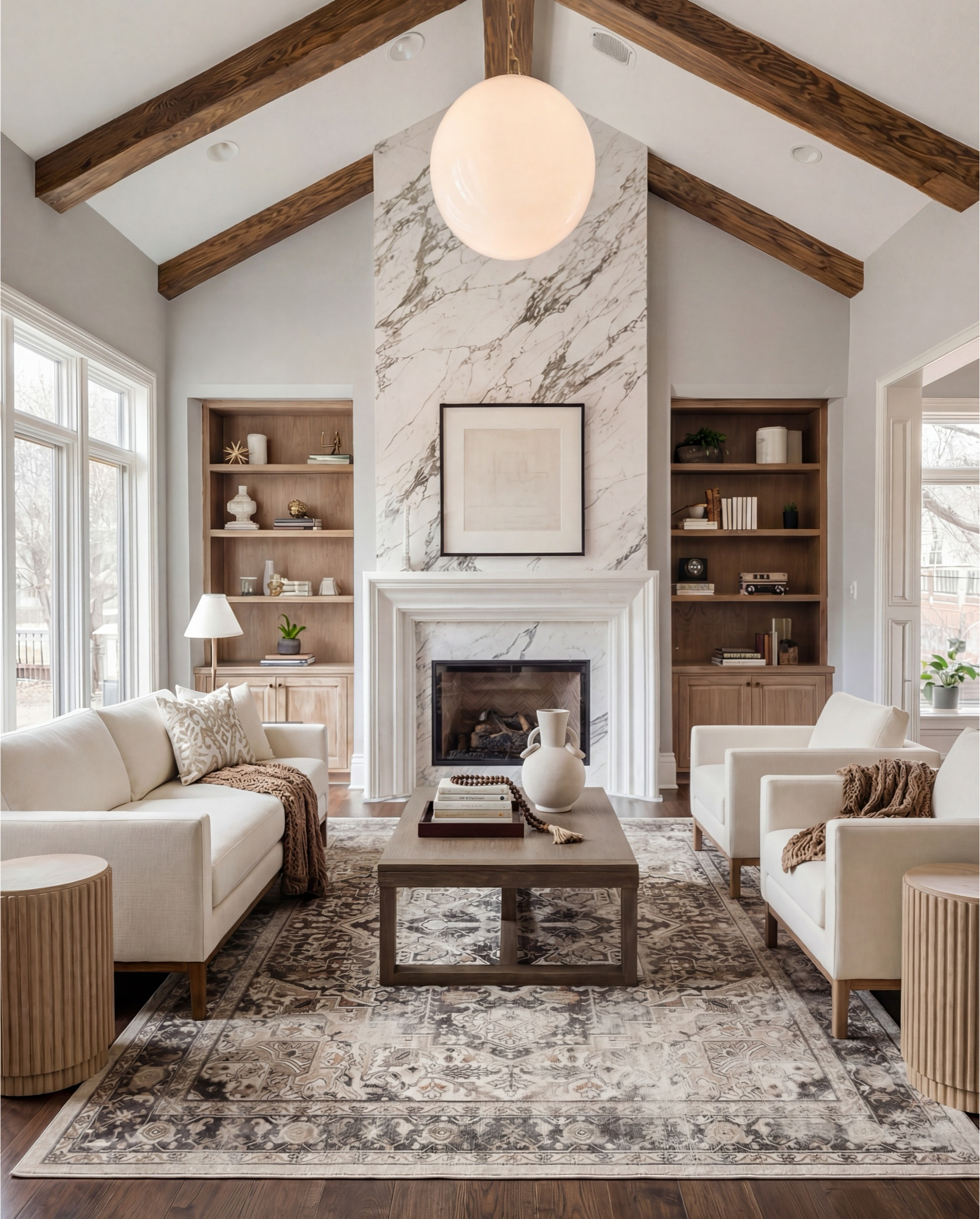 This living room is giving warm, collected luxury with that effortless designer balance. The marble fireplace steals the entire show—veined, sculptural, and framed in the most stunning way—instantly grounding the room in quiet sophistication. The darker wood beams above bring contrast and warmth, making the whole space feel cozy but still high-end.

The twin sofas + accent chairs layout feels so intentional—soft creams, clean lines, and rich wood tones that play beautifully with the built-ins. And let’s talk about those built-ins… perfectly styled with ceramics, books, and subtle metallics that make the whole room feel curated, not cluttered.

The coffee table styling ties it all together: a textured vase, stacked books, and a simple tray moment layered over a vintage-inspired rug that warms up the entire space.

Shop the Look:
• Cream upholstered sofas
• Upholstered accent chairs (clean, modern arms)
• Marble-look fireplace décor
• Solid wood coffee table
• Neutral vintage-style area rug
• Large ceramic jug vase
• Wood + ribbed side tables
• Warm wood built-ins (or shelf styling accents)
• Throw blankets in warm caramel tones
• Neutral patterned pillows

#LTKSaleAlert #LTKFindsUnder100 #LTKHome