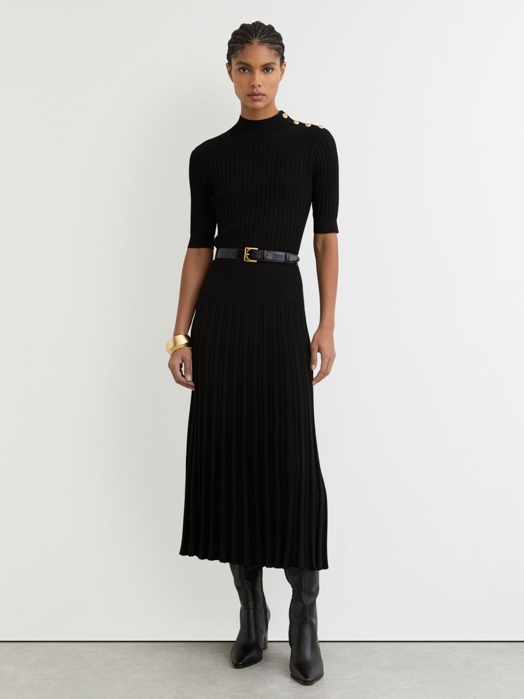 Reiss Button-Detail Knitted Midi Dress in Black | REISS | Reiss US