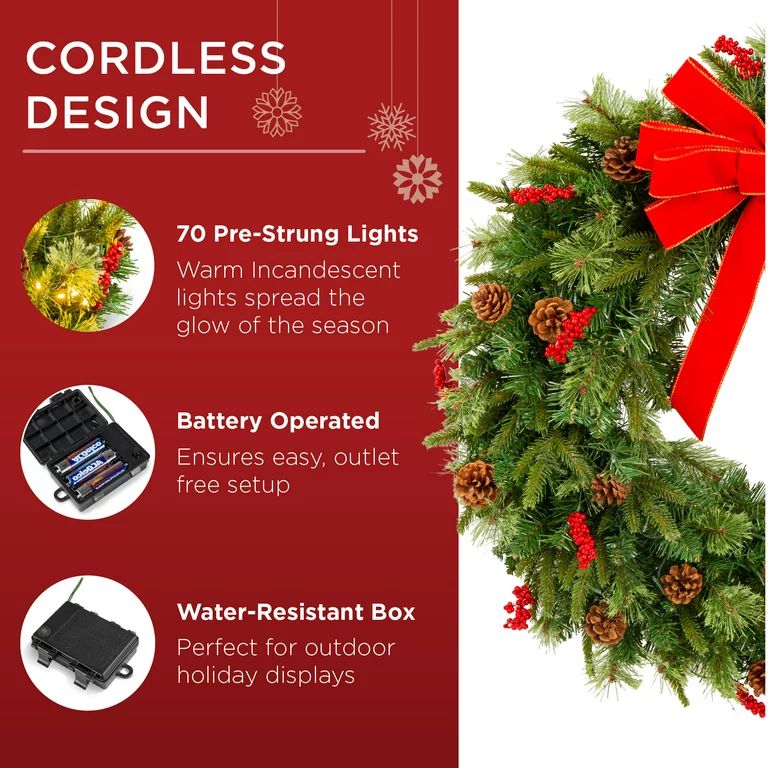 Best Choice Products 24in Pre-Lit Battery Powered Christmas Wreath Decoration w/ 70 Lights, 96 PV... | Walmart (US)