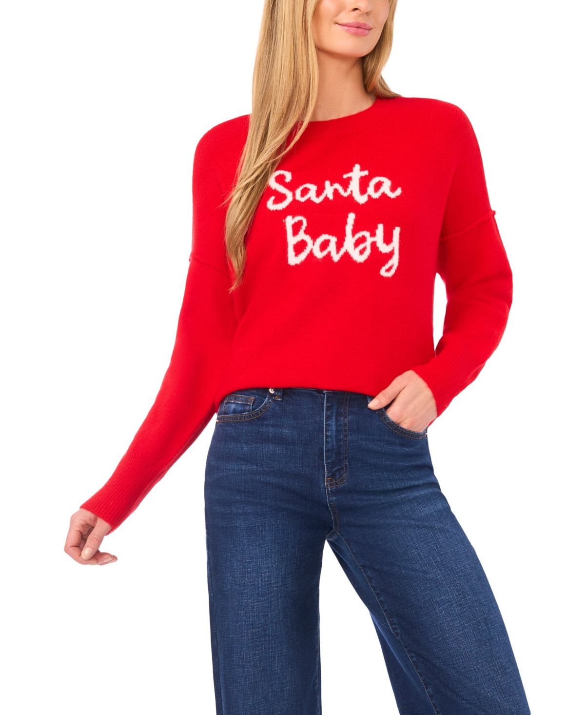 CeCe Women's Santa Baby Long Sleeve Sweater - Bright Cherry | Macy's