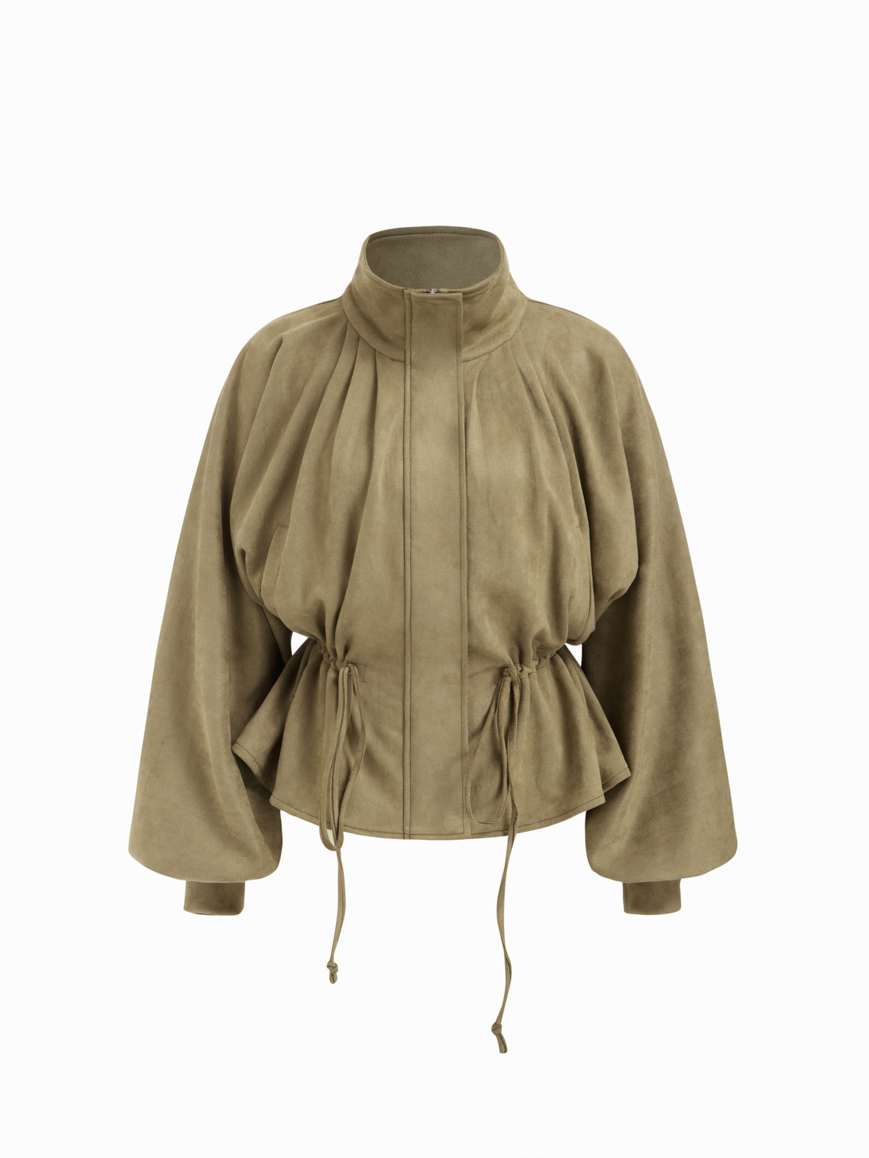 Suede Suede Collar Drawstring Cinched Waist Zip Through Lantern Sleeve Jacket For Daily Casual | Cider