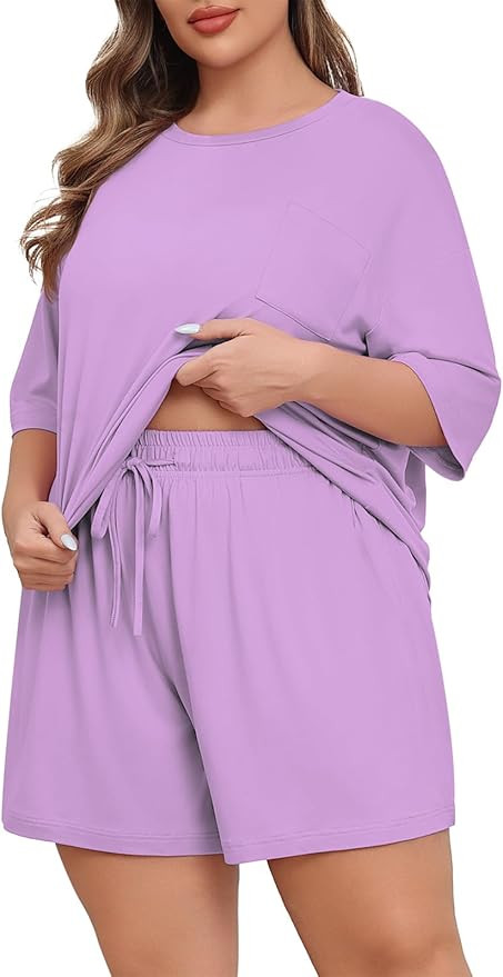 Lastshe Womens Plus Size Pajama Set 2 Piece Soft Short Sleeve with Pockets Summer Shorts Sleepwea... | Amazon (US)