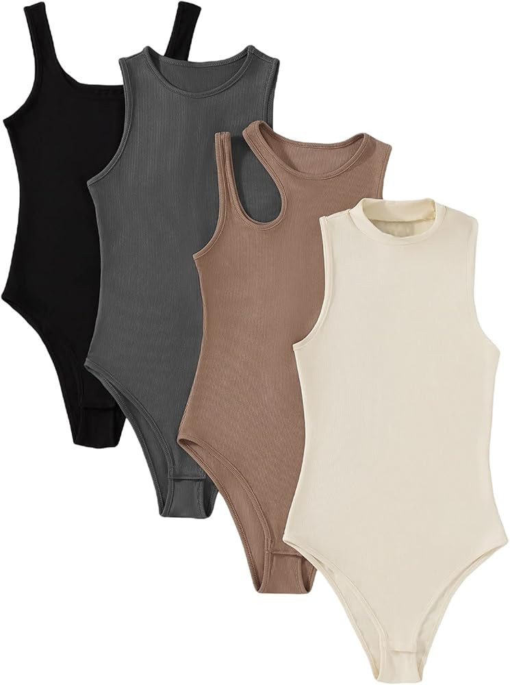 MakeMeChic Women's 4 Piece Sexy Bodysuits Casual Solid Sleeveless Ribbed Knit Shapewear Tank Top ... | Amazon (US)