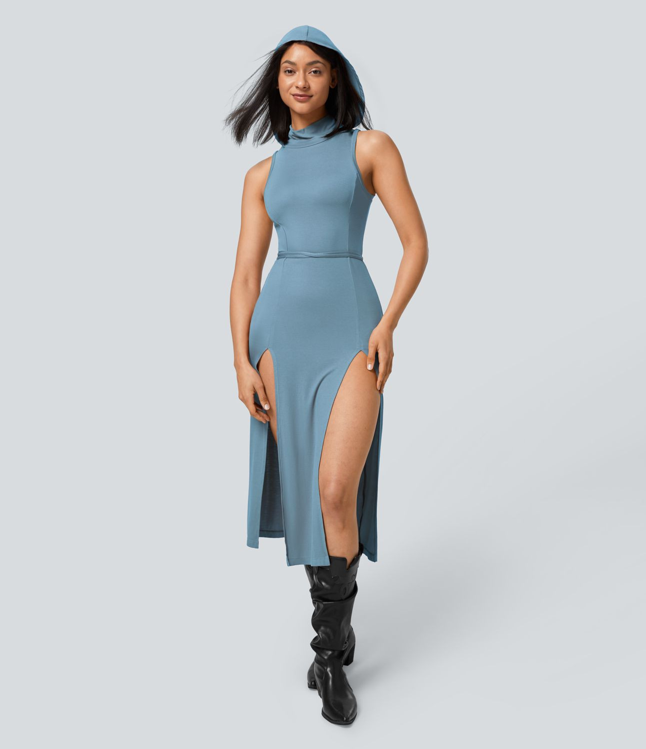 Women’s Ribbed Hooded High Neck Sleeveless Cut Out Tie Back Split 2-Piece Midi Casual Dress - H... | HALARA