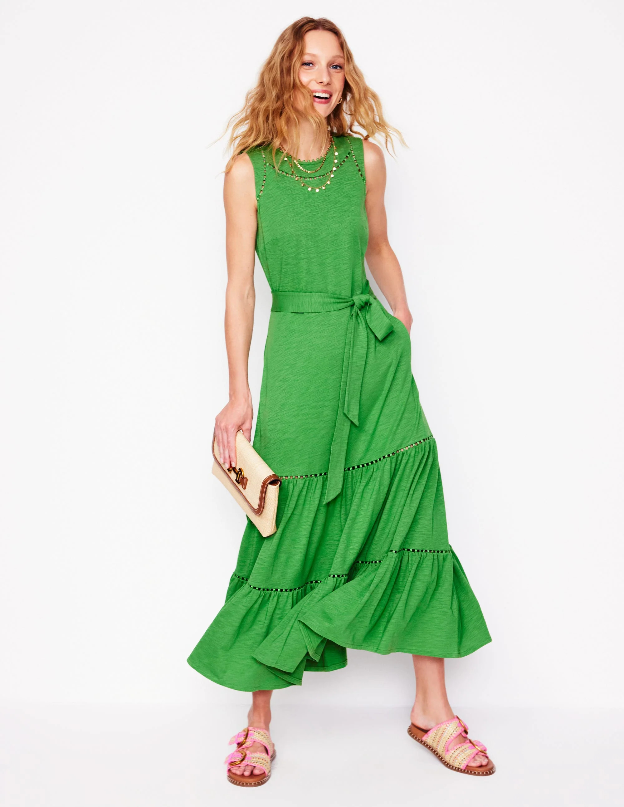 Mila Trim Tiered Jersey Dress-Paradise Green | Boden (US)