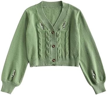 ZAFUL Women's Button Up Embroidered Cable Knit Cardigan V Neck Long Sleeve Cropped Sweater | Amazon (US)