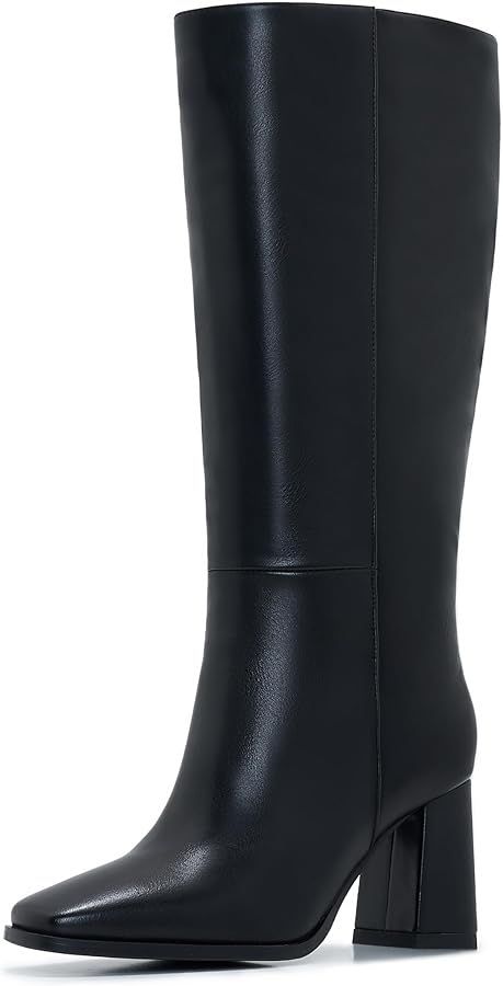 Knee-High Boots for Women - Wide Calf Boots with Zipper, Square Toe Tall Leather Boots, Chunky He... | Amazon (US)