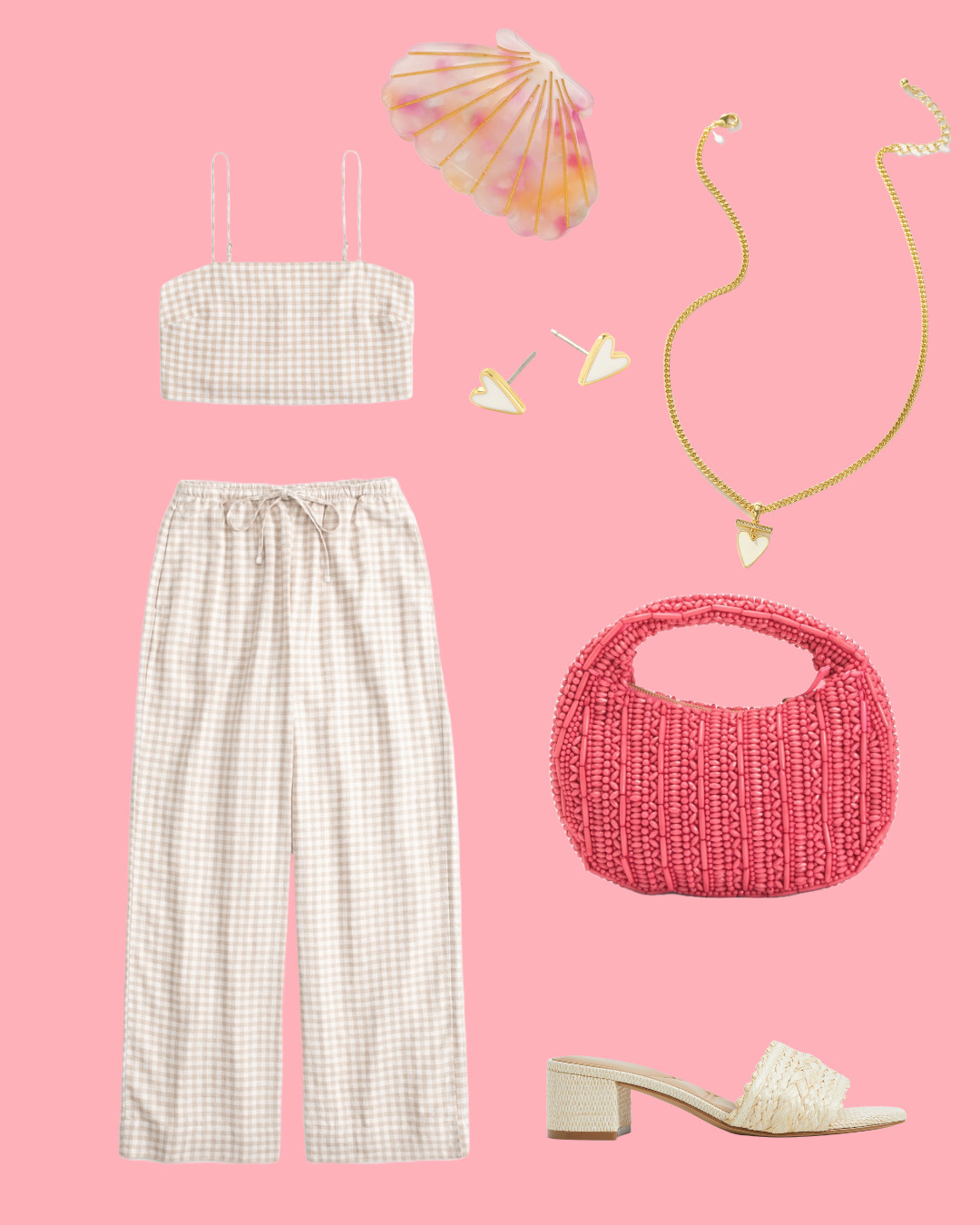Gingham goals!!! Styled this beige & white matching set with crochet heels for a soft, feminine summer vibe. The gold jewelry adds just the right touch of shine, and this pink beaded bag is giving major vintage glam! Perfect for brunch, date nights, or summer events. Everything is linked! #LTKsummer #GinghamSet #MatchingSetStyle #CottagecoreVibes #CrochetHeels #BeadedBag #FeminineStyle #LTKStyleInspo #NeutralOutfit #SummerOOTD #SoftGirlStyle #LTKoutfitdetails

 

 #LTKSummerEdit #LTKSeasonal #LTKPetite