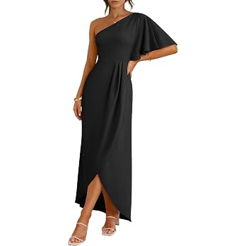 ANRABESS Women One Shoulder Formal Wedding Guest Dress | One Flutter Short Sleeve, Wrap High Slit... | Amazon (US)