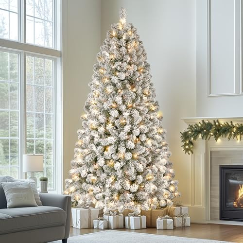 SHareconn 9ft Prelit Snow Flocked Artificial Holiday Christmas Tree with 600 Warm White Lights, Foldable Stand, Full Snow Branch Tips for Home, Office, Party Decoration, 9 FT, White | Amazon (US)