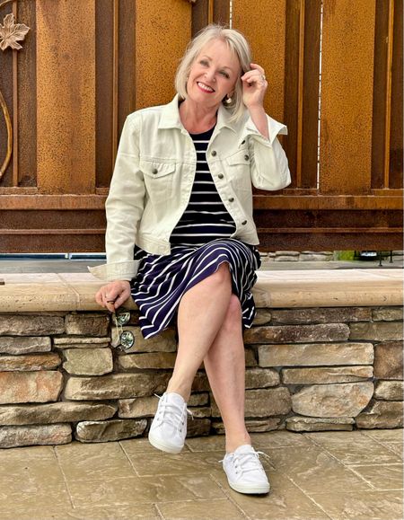 Partnering with @walmartfashion today to share this fun cropped denim jacket, slip on sneakers and easy striped summer dress. The quality is fabulous and the prices are easy on your wallet. 
#Walmartpartner #walmartfashion
Learn more about Walmart on the LTK app  

#LTKfindsunder50 #LTKshoecrush #LTKstyletip