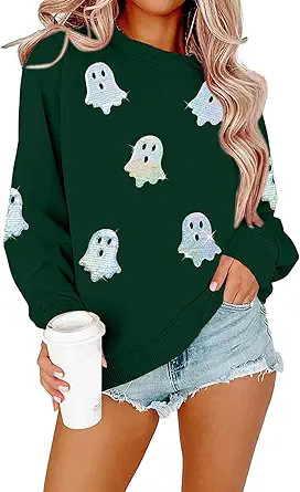 MYHALF Halloween Sweatshirts Women Colorful Sequin Ghost Graphic Pullover Shirt Halloween Witch C... | Amazon (US)