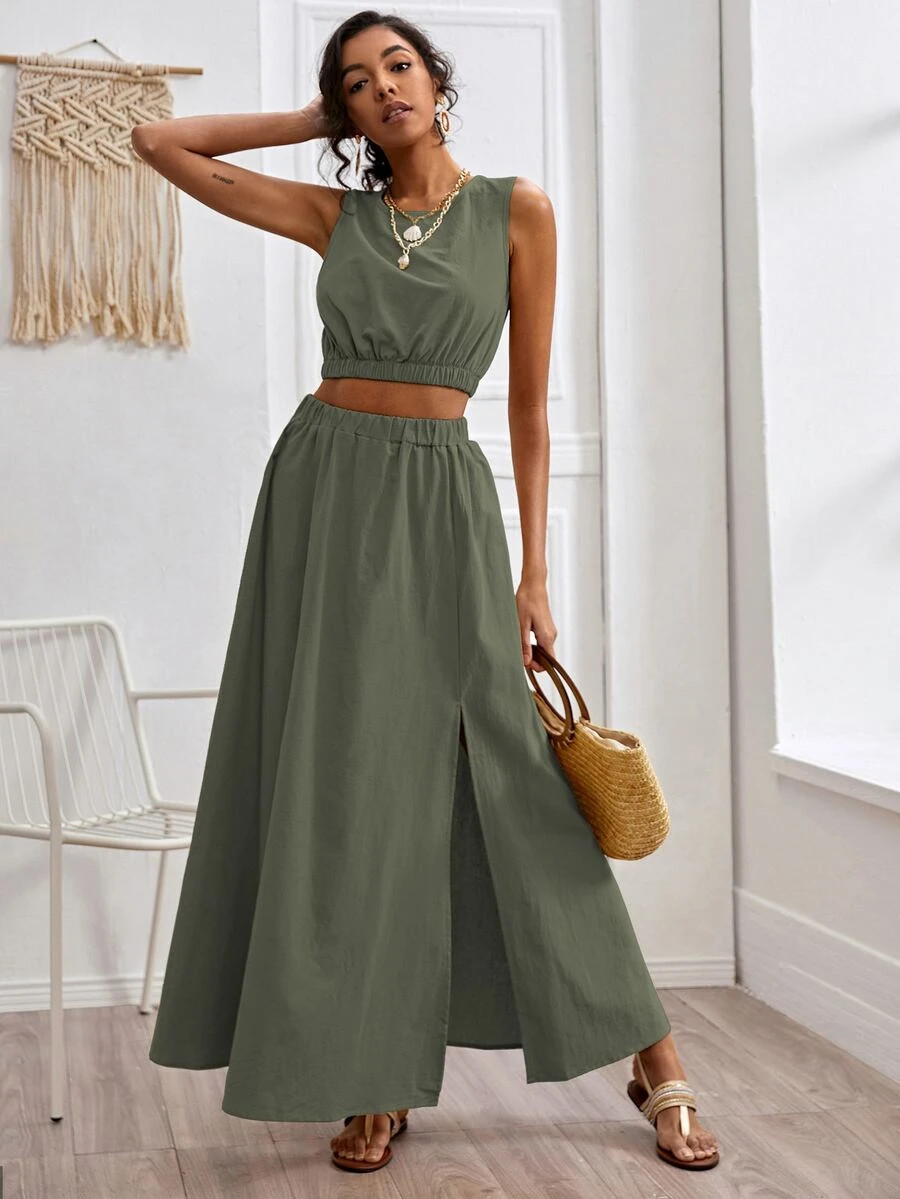 Solid Tank Top & Split Thigh Skirt | SHEIN