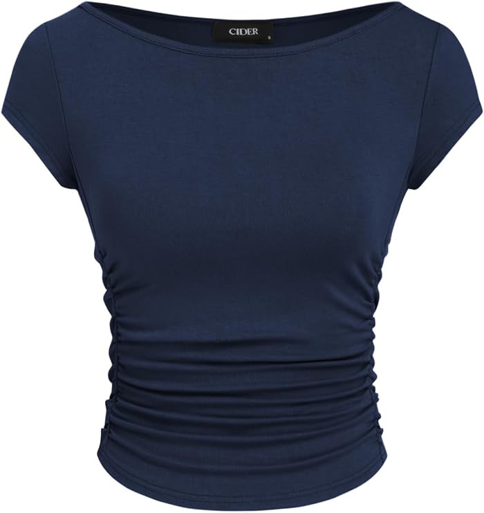 CIDER Womens Ruched Boat Neck Short Sleeve Tee - Stretch Jersey Fitted Top | Amazon (US)