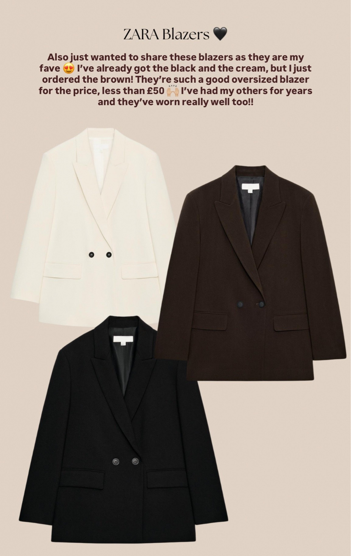 The best oversized blazers for less than £50 🙌🏼 LOVE the chocolate brown!! 🤎 I wear size small - all colours fully stocked at the moment!!

#LTKautumn #LTKuk #LTKstyletip