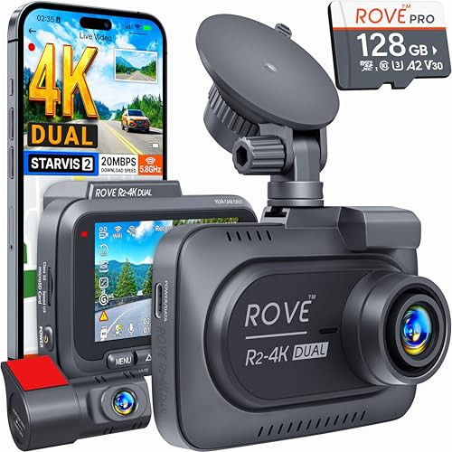 ROVE R2-4K DUAL Dash Cam Front and Rear, STARVIS 2 Sensor, FREE 128GB Card Included, 5G WiFi - up to 20MB/s Fastest Download Speed with App, 4K 2160P/FHD Dash Camera for Cars, 3" IPS, 24H Parking Mode | Amazon (US)