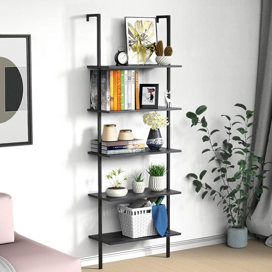 Ladder Shelf Bookshelf, 5-Tier Industrial Bookshelf with Metal Frame and Wood Board, Wall Mounted... | Amazon (US)