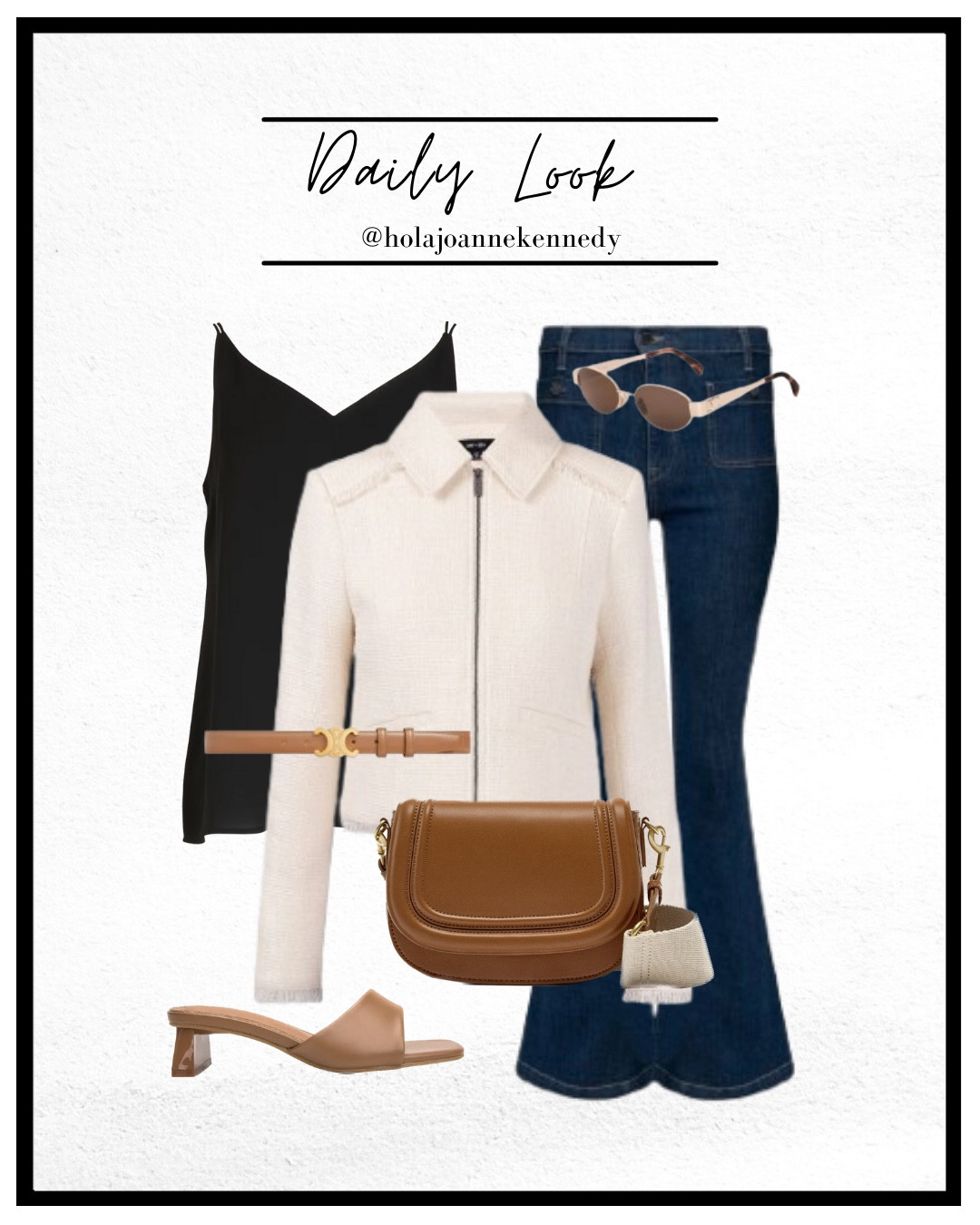 Wednesday fashion, midweek outfit, boucle cropped jacket, chic workwear, flare denim outfit, Saint + Sofia style, high-street luxe look, spring fashion UK, tailored spring outfit, tan accessories style, blue denim kick flare jeans, cream Boucle jacket, black chiffon cami top, tan bag, tan heels, tan sandals 

#LTKstyletip #LTKspring #LTKuk