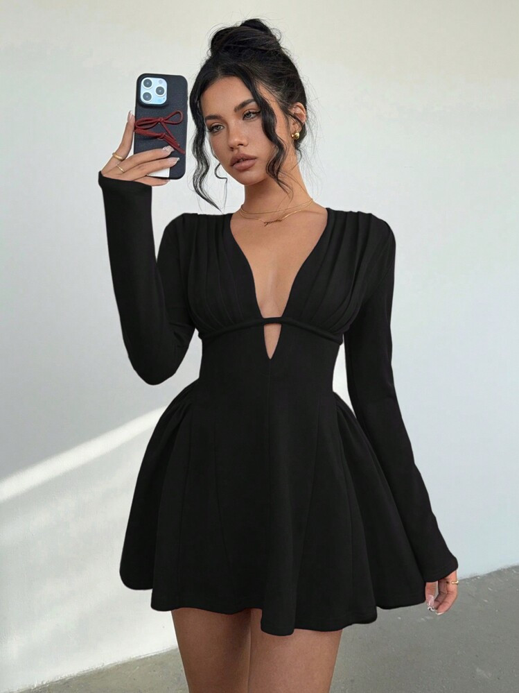 Aloruh Women's Sexy Solid Deep V-Neck Mini Dress,Summer Dresses Spring Clothes | SHEIN