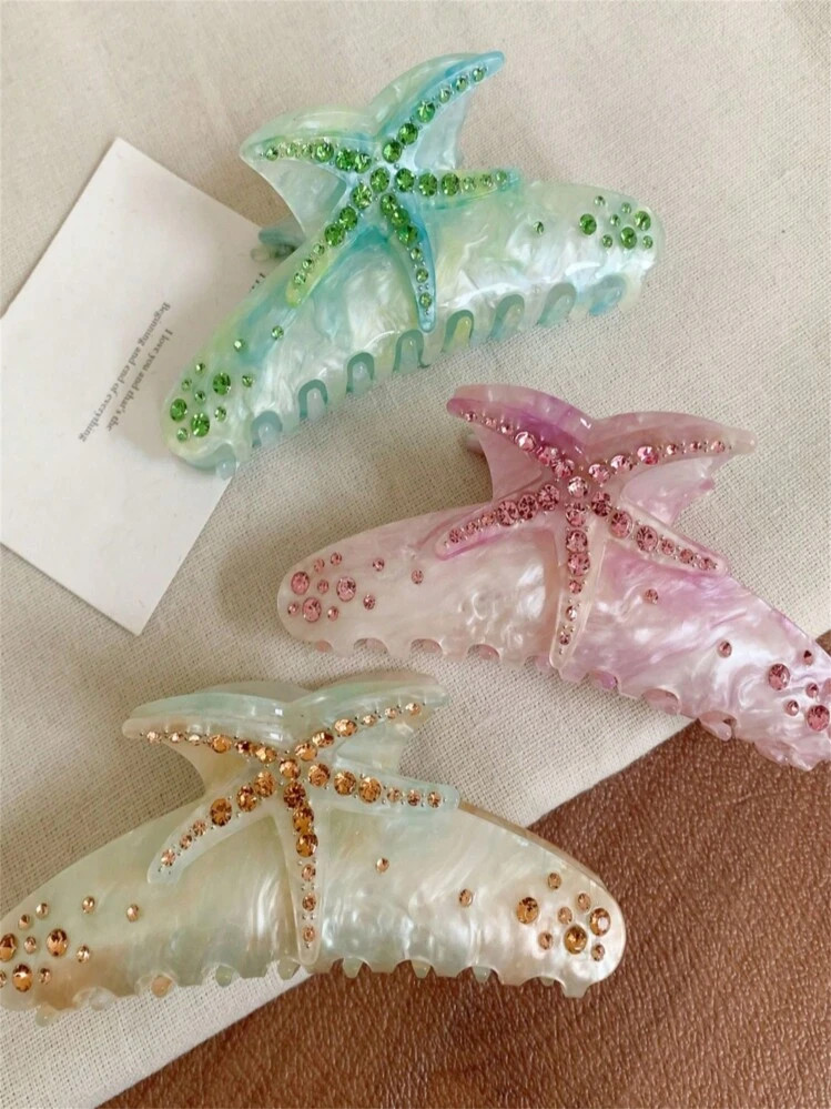 1pc Women's New Rhinestone Embellished Starfish Design Hair Clamp, Colorful Acetate Hair Clip Accessory, Gift For Girlfriend Valentine's Day Hair Claws Claw Clips Hair Clips Hair Jaw Clip Hair Clamps Hair Clutch Hair Claw Clip, School Stuff, College Fall Winter Hair Accessories For Women For Vacation Outfits Woman | SHEIN