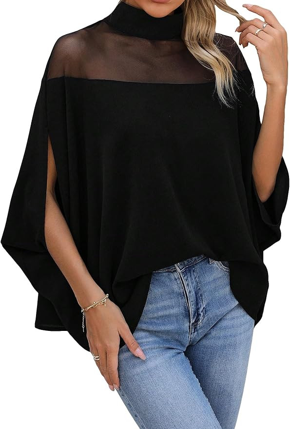 Verdusa Women's Contrast Mesh Half Cape Sleeve Blouse Loose Fit Dressy Tops Business Casual Outfi... | Amazon (US)