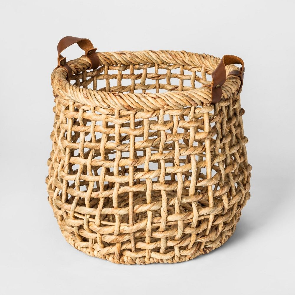 13.8"" x 11.8"" Decorative Water Hyacinth Basket with Leather Handles Natural - Threshold , White | Target