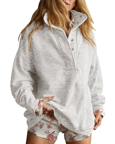 Gacaky Sweatshirt for Women Oversized Casual Long Sleeve Button Henley Neck Pullover Tops Fashion Outfits Clothes Light Gray M | Amazon (US)
